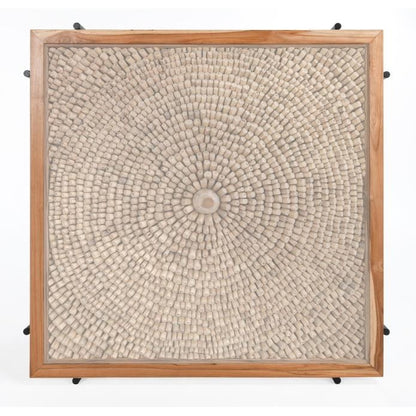 Square wooden frame with circular patterned art inside.