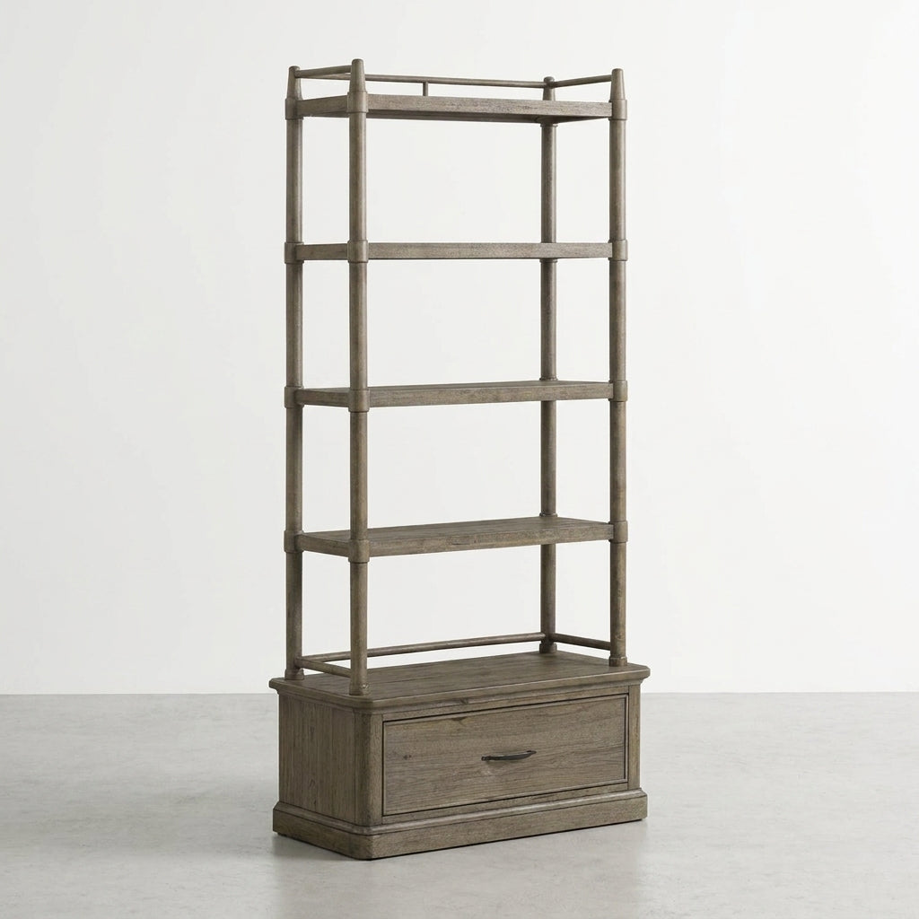 Tall wooden shelf with four tiers and a drawer, set against a plain background.