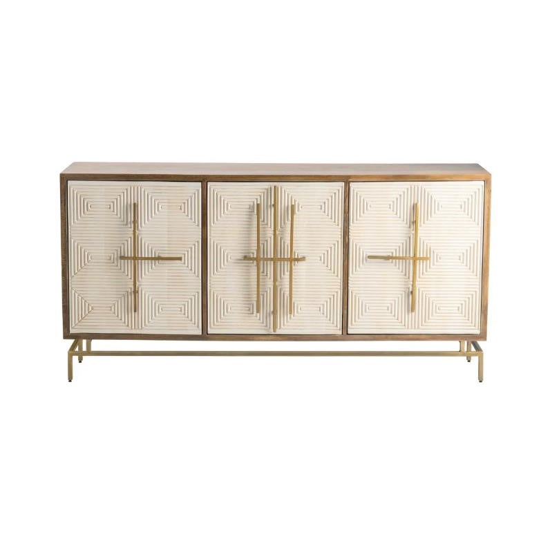 Beige sideboard with geometric patterns and gold accents.