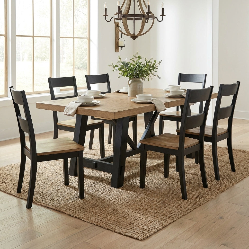 Wooden table with black trestle legs.