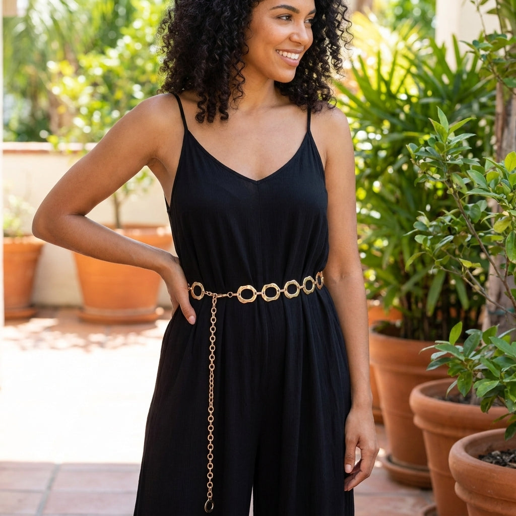 Woman smiling in black dress with gold belt, surrounded by potted plants.
