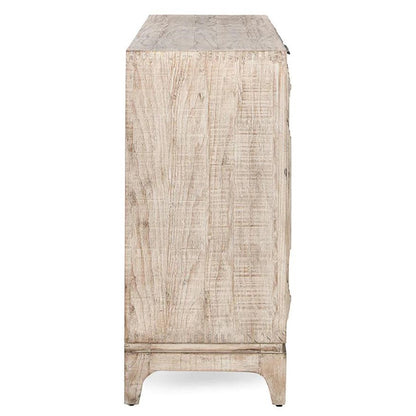 Side view of a textured, light wood cabinet.