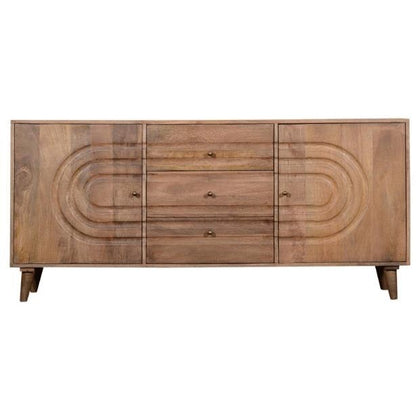 Wooden sideboard with circular patterns and three drawers.