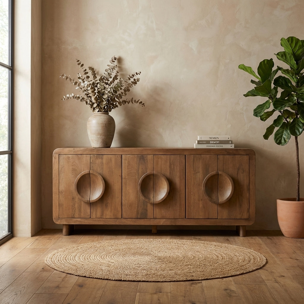 Wooden sideboard with three round door handles.