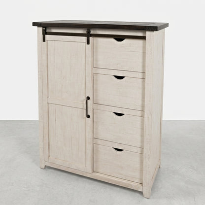 White cabinet with dark top, sliding door, and four drawers.