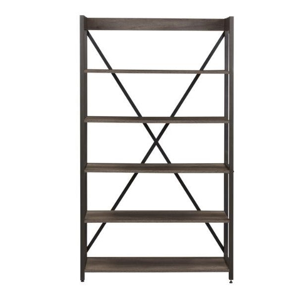Tall wooden bookshelf with five shelves and a metal frame.