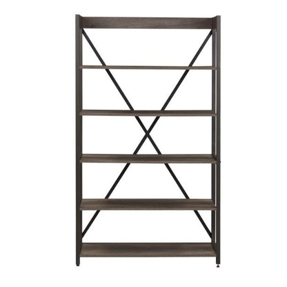 Tall wooden bookshelf with five shelves and a metal frame.