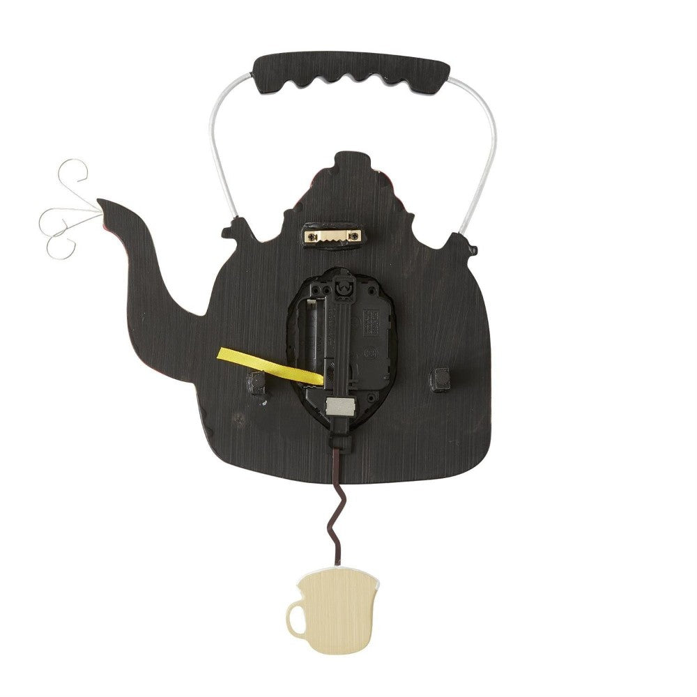 Teapot-shaped wooden clock with a pendulum cup.