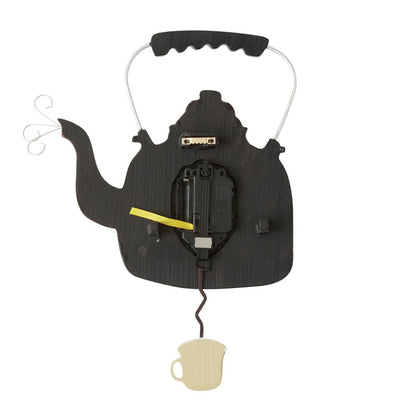 Teapot-shaped wooden clock with a pendulum cup.