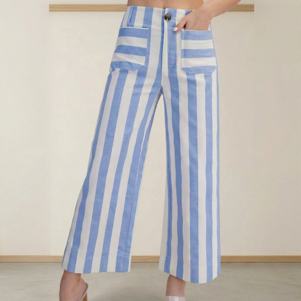 Blue and white striped trousers with patch pockets.