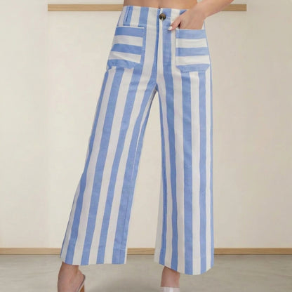 Blue and white striped trousers with patch pockets.