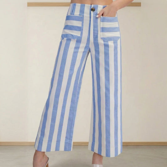 Blue and white striped trousers with patch pockets.