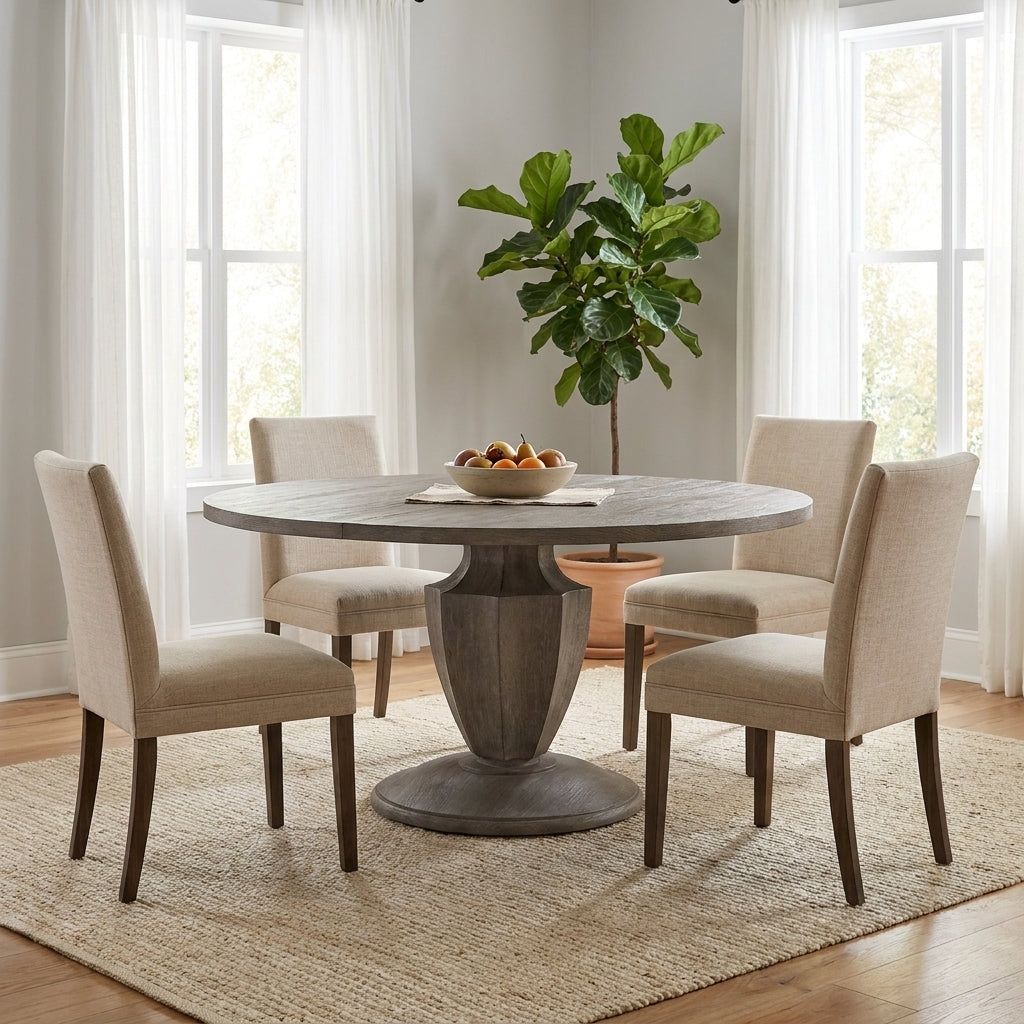 Cozy dining room with round table, beige chairs, and a fiddle leaf fig plant.
