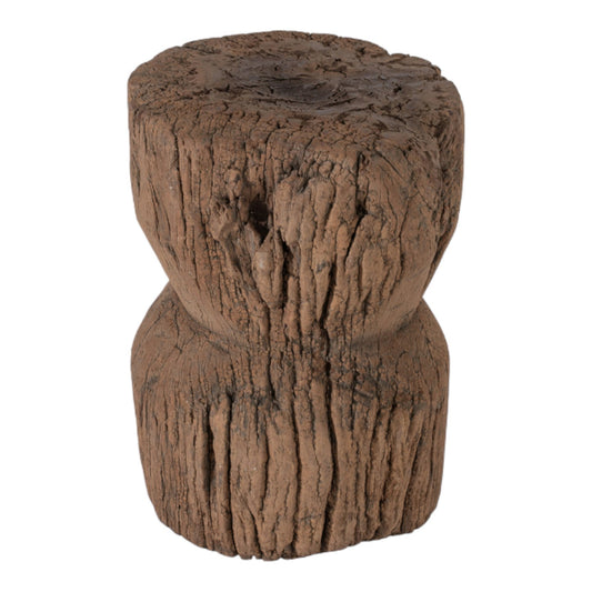 A textured, rustic wooden stool with a natural finish.