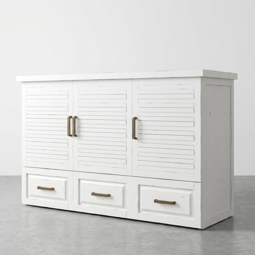 White cabinet with louvered doors and three drawers.