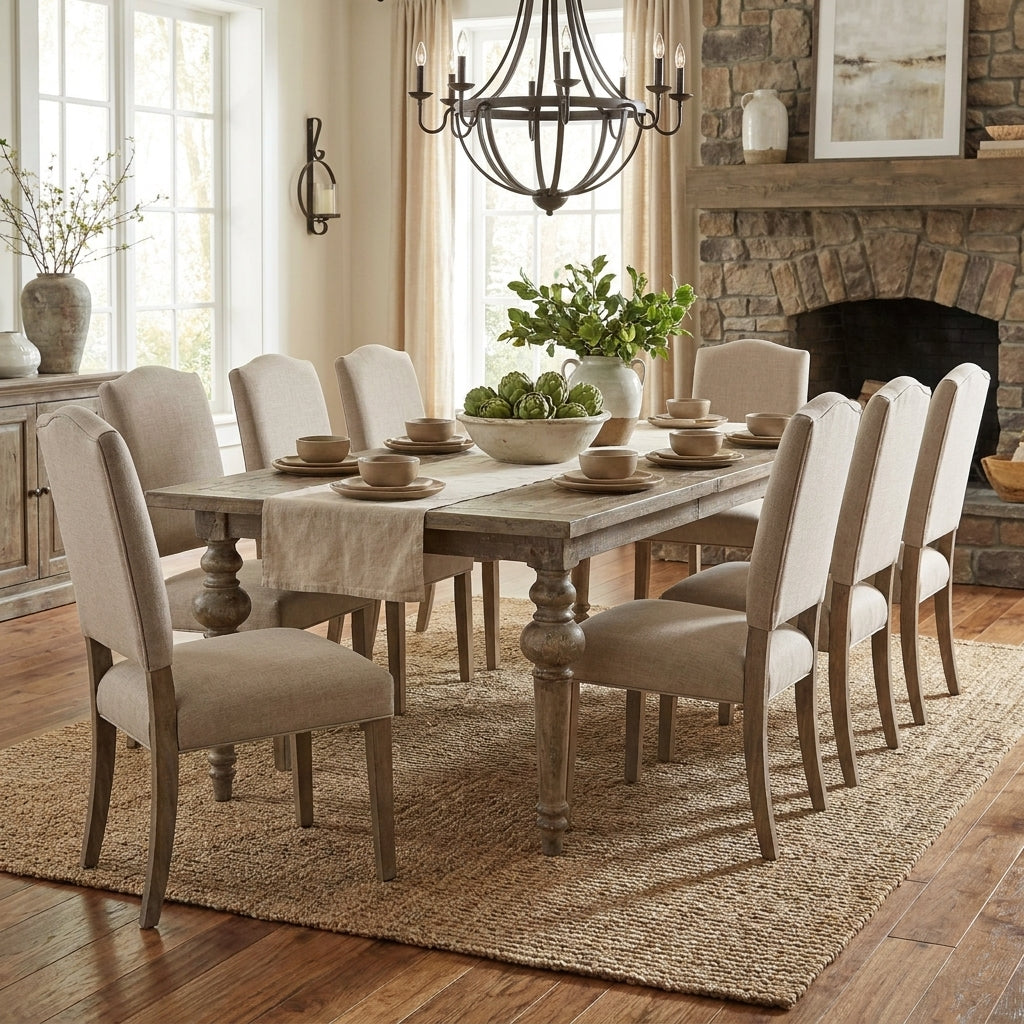 Elegant dining room with rustic decor and soft neutral tones.