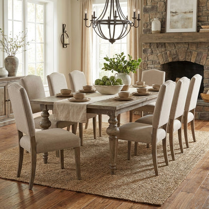 Elegant dining room with rustic decor and soft neutral tones.