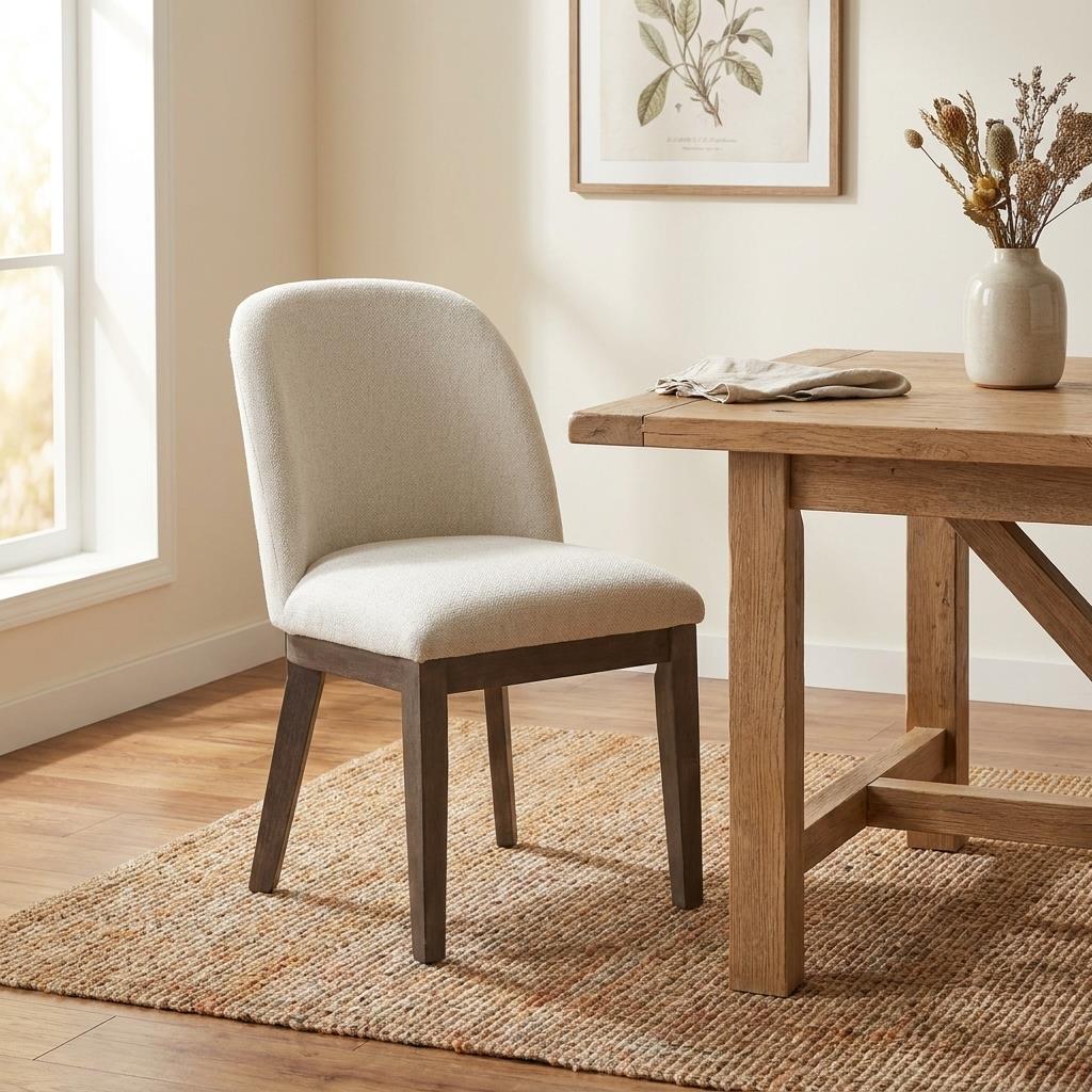 Cozy dining room with beige chair, wooden table, and decor.