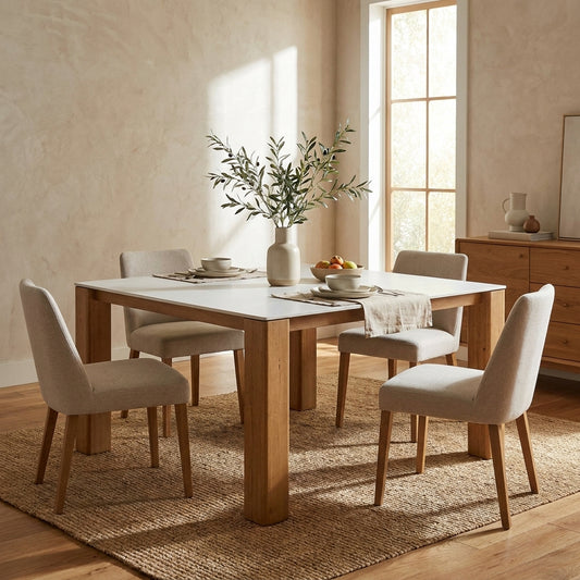 A cozy dining area with a wooden table, chairs, and a vase of branches.