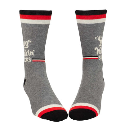 Gray socks with red, white, and black stripes, featuring text design.