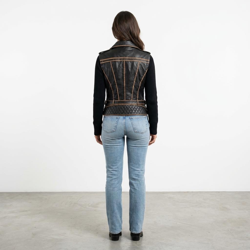 A woman models a black leather vest and light blue jeans, viewed from behind.
