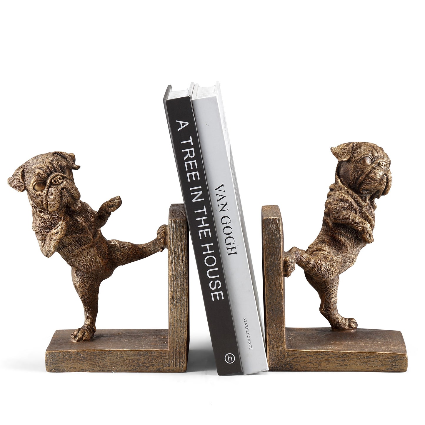 Dog statue bookends holding up two books.