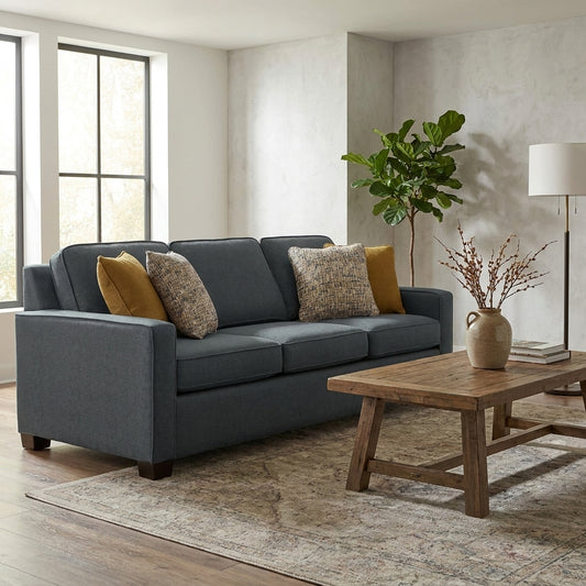 Cozy living room with a blue sofa and wooden table.