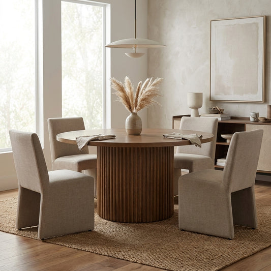 Round wooden table with a ribbed cylindrical base.