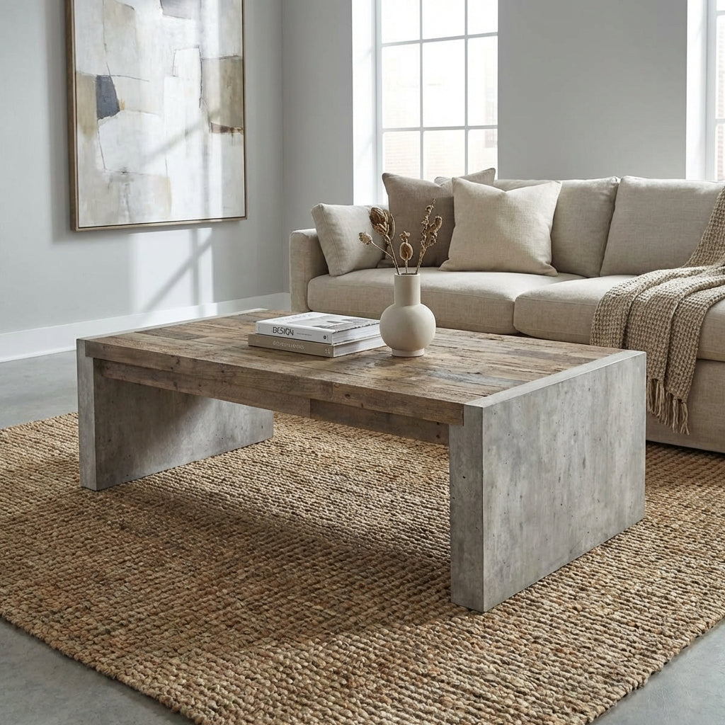 Modern low wooden table with concrete sides.