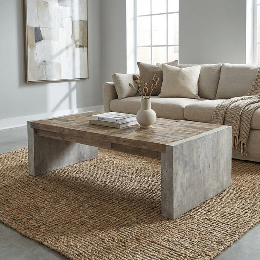 Modern low wooden table with concrete sides.