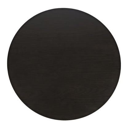 A round, dark wooden tabletop viewed from above.