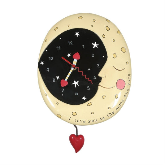 Moon-themed clock with stars and hearts, reads "I love you to the moon and back."
