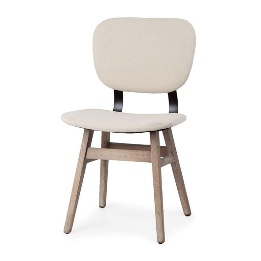 Modern chair with light beige cushion and wooden legs.