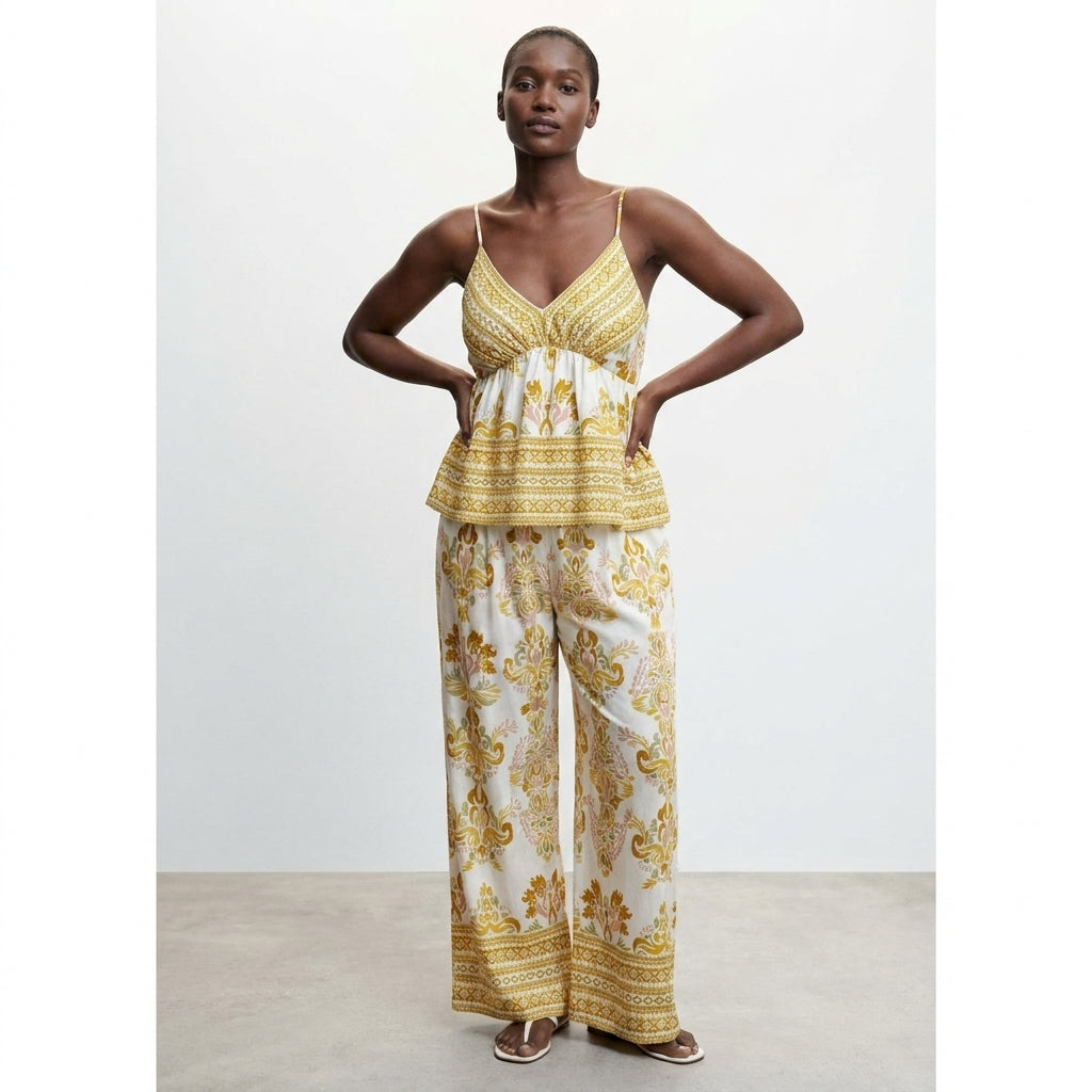 Model in yellow-patterned summer attire with spaghetti straps and wide-leg pants.