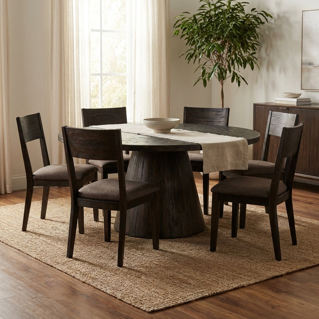 Dark wooden round table with a wide tapered base.