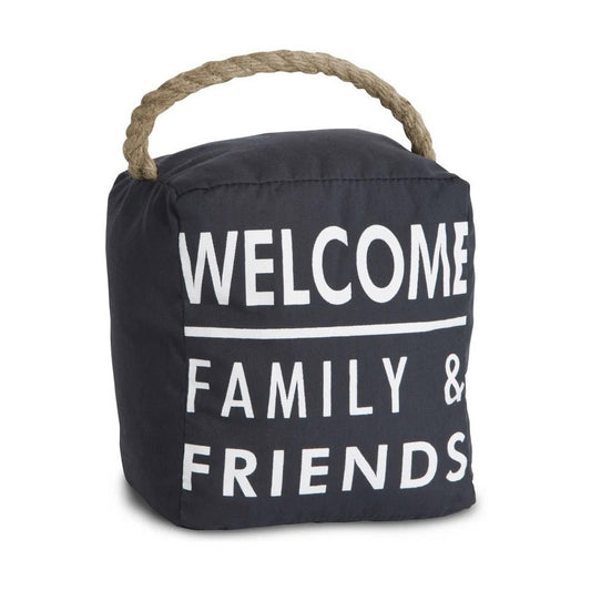 Navy doorstop with "Welcome Family & Friends" text and rope handle.
