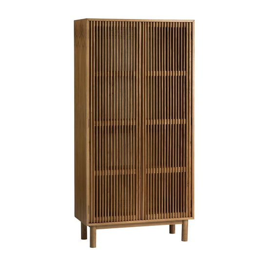 Tall wooden cabinet with slatted doors and modern design.