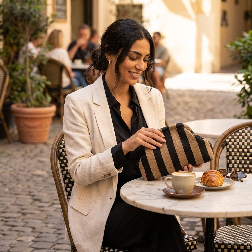 Woman enjoying coffee and croissant at an outdoor cafe.