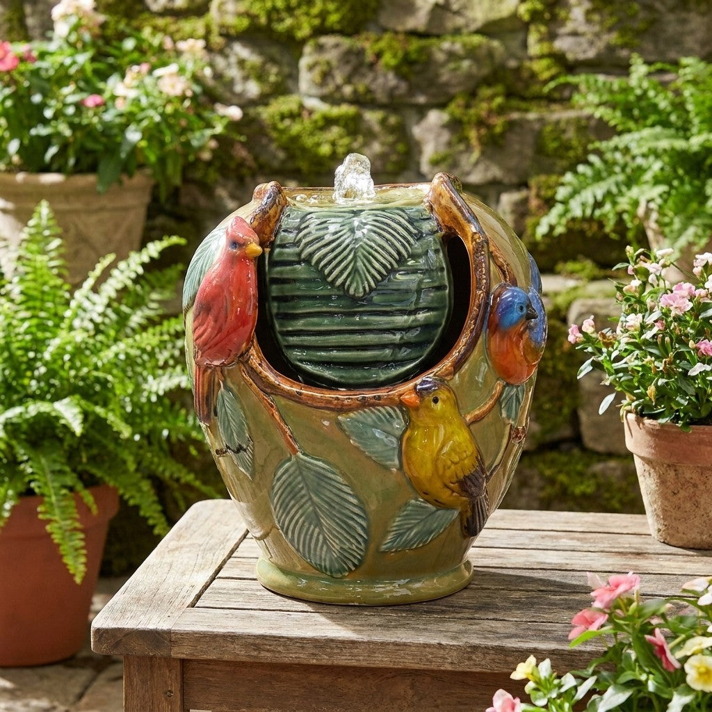 Ceramic bird fountain in rustic garden setting with flowers.