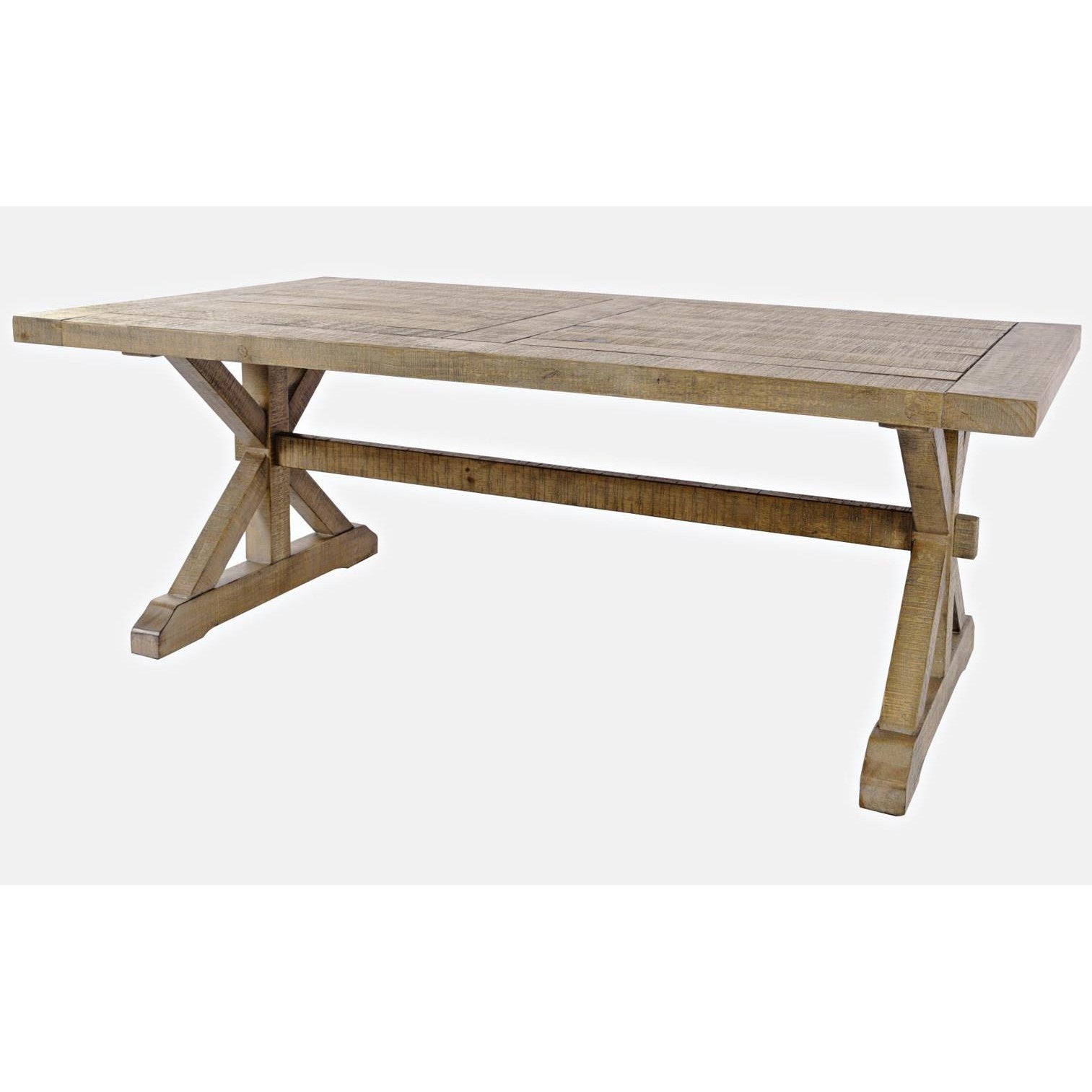 Wooden trestle dining table with a rustic design.