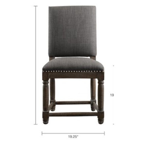 Gray upholstered chair with nailhead trim and wooden legs, 19.25" wide.