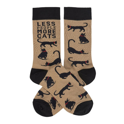 Beige socks with black cats and "Less People More Cats" text.