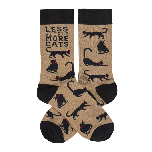 Beige socks with black cats and "Less People More Cats" text.