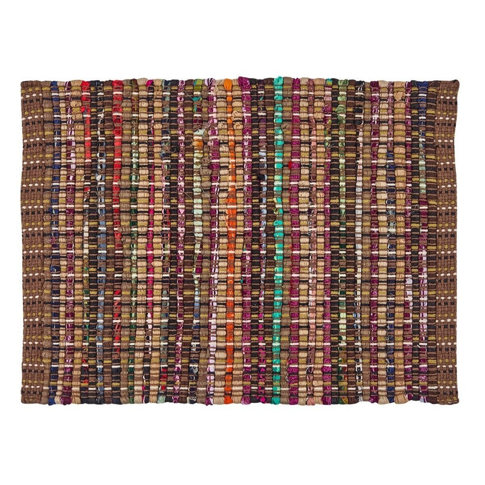 Colorful woven fabric with vertical stripes in multiple shades.