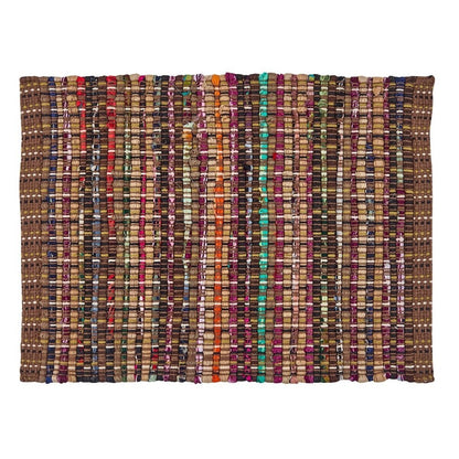 Colorful woven fabric with vertical stripes in multiple shades.