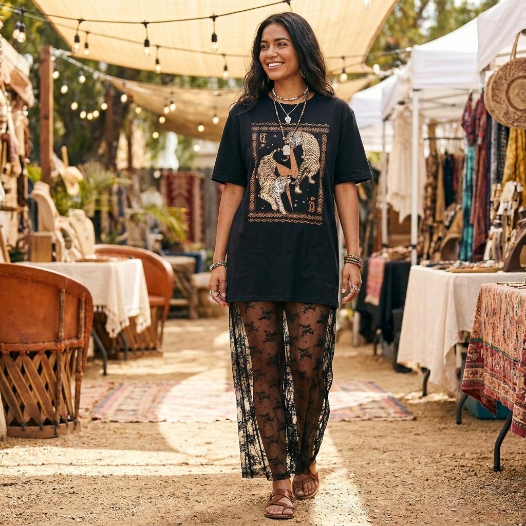 A smiling woman models a graphic tee and lace pants at an outdoor market.
