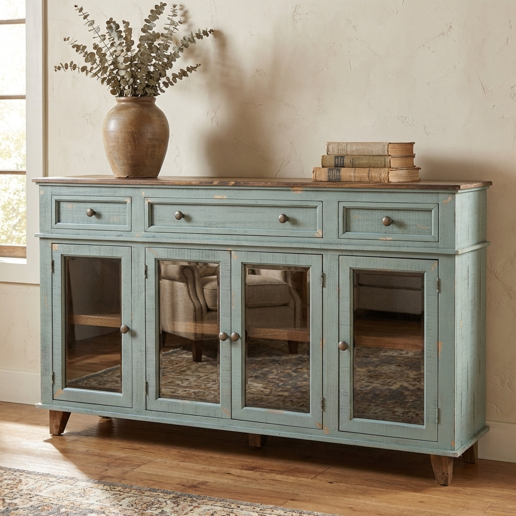 Vintage teal sideboard with three drawers and four mirrored cabinets.