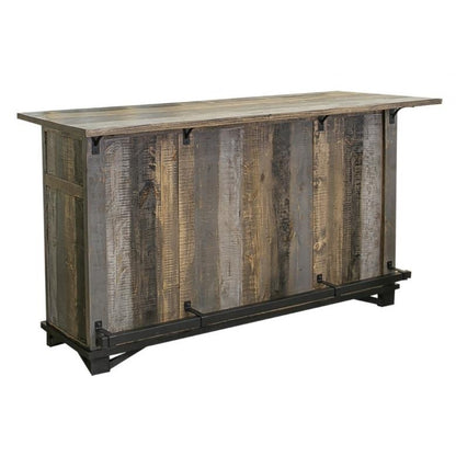 Rustic wood bar with metal accents and a sturdy base.