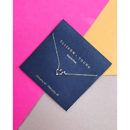 Aquarius necklace on card with colorful background.