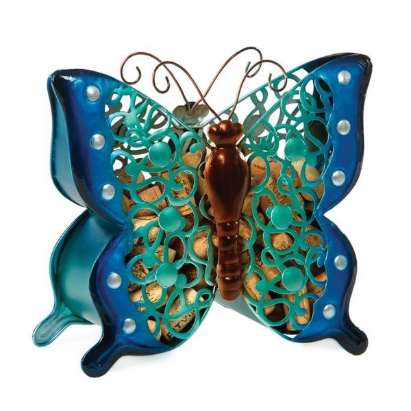 Blue and teal butterfly wine cork holder with intricate design.
